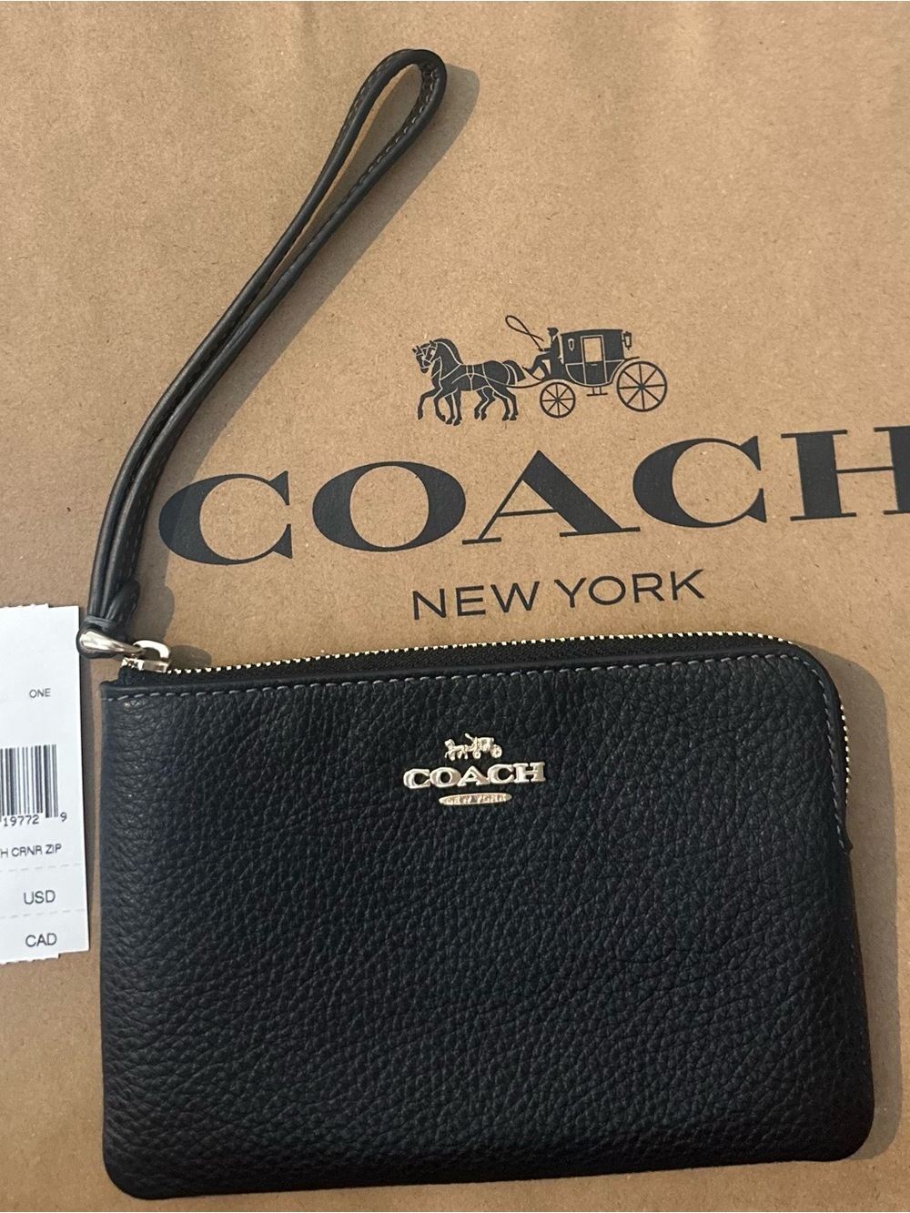 Coach Black Refined Pebbled Leather Zip Wristlet with Gold Logo